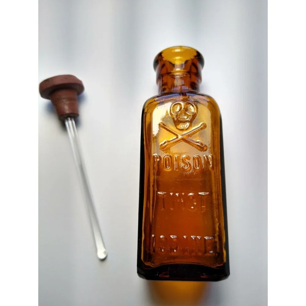Antique Amber Glass Poison Bottle Skull & Crossbones Tincture Iodine Dropper K7
